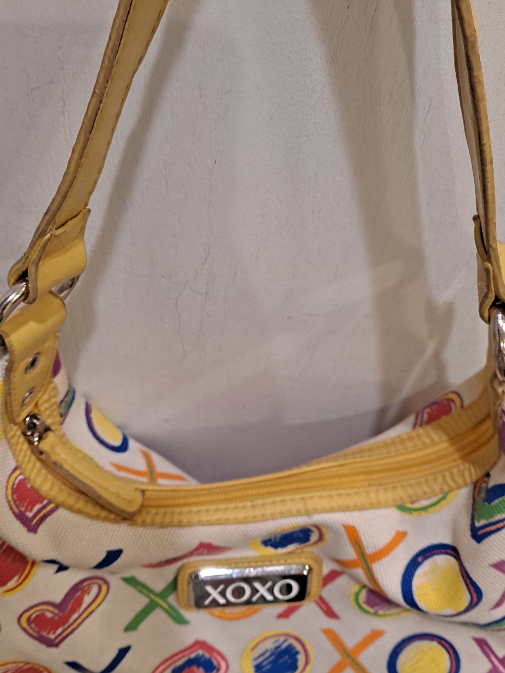Y2K Vintage XOXO Multicolor Hearts XO Canvas Shoulder Bag Yellow Trim Grafitti - Picture 8 of 13